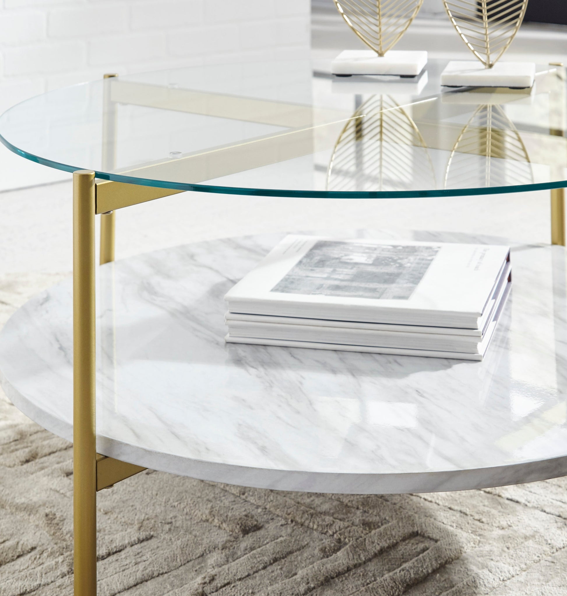 Wynora Gold/White Contemporary Modern Metal Wood Glass Marble Round Cocktail Table