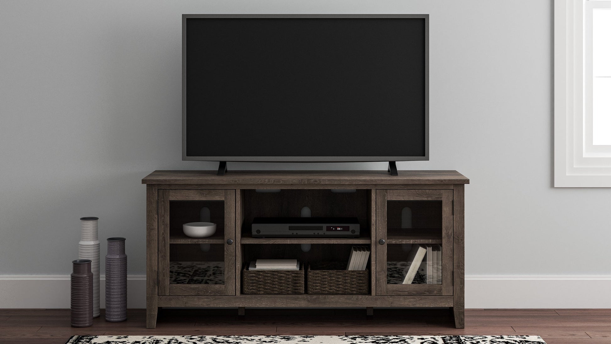 Upgrade your space with this 60" gray modern TV stand featuring glass accents, solid wood, and ample storage for a sleek, organized setup.