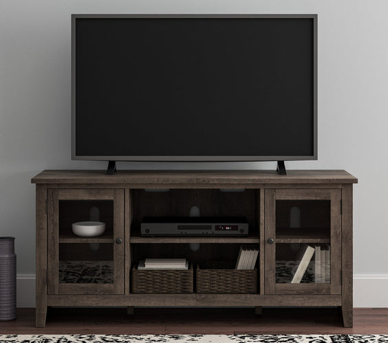 Elevate your space with this 60-inch gray TV stand, featuring glass doors and adjustable shelves for a sleek, organized entertainment center.