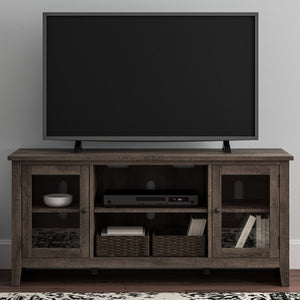Elevate your space with this 60-inch gray TV stand, featuring glass doors and adjustable shelves for a sleek, organized entertainment center.