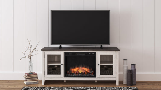 Dorrinson Antique White Modern Transitional Wood TV Stand With Storage With Glass Doors With Fireplace