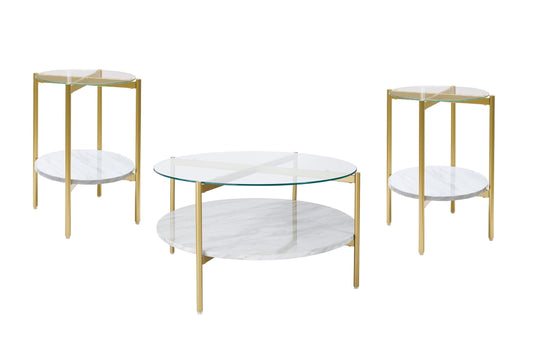 Wynora Gold/White Contemporary Modern Metal Wood Glass Marble Round Occasional Table