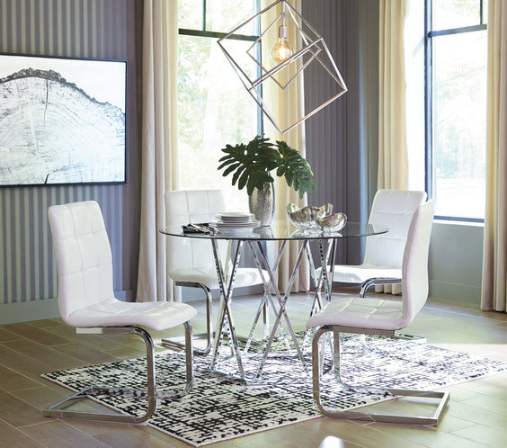 Add elegance to your space with the Ashley Chrome/White set. A modern glass-top dining table with faux leather crystal chairs for a sleek, contemporary look!