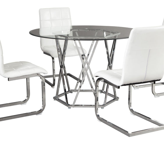 Ashley Chrome/White Modern Contemporary Glass Faux Leather Crystal Round 5Pc Dining Set
