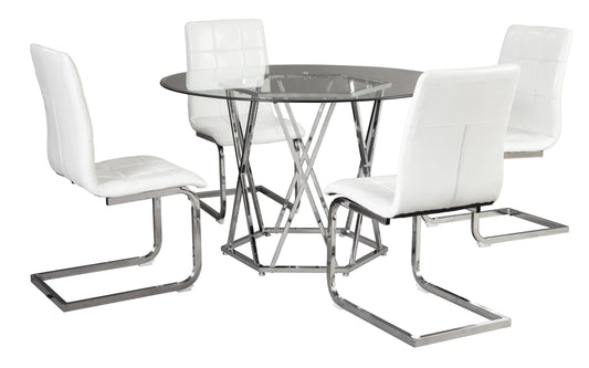 Ashley Chrome/White Modern Contemporary Glass Faux Leather Crystal Round 5Pc Dining Set