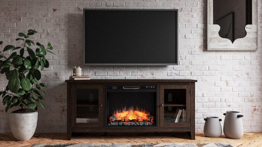 Camiburg Brown Modern Transitional Wood TV Stand With Storage With Glass Doors With Fireplace