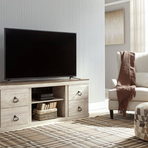 60-inch TV stand with whitewash finish, adjustable shelves, and sleek modern design. Perfect for contemporary living rooms and entertainment spaces.