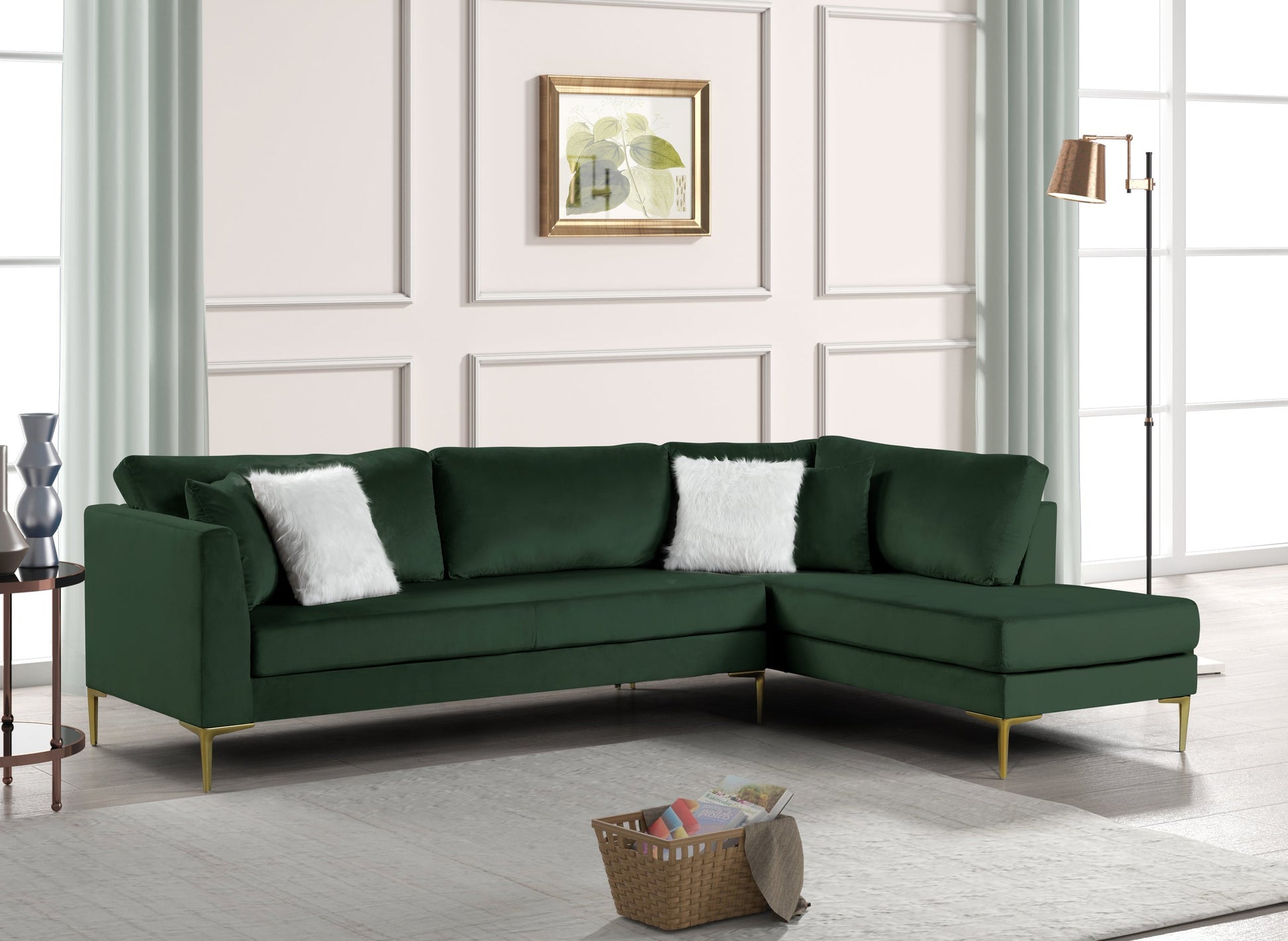 Catalina Green Modern Contemporary Velvet Gold Metal Legs Sectional