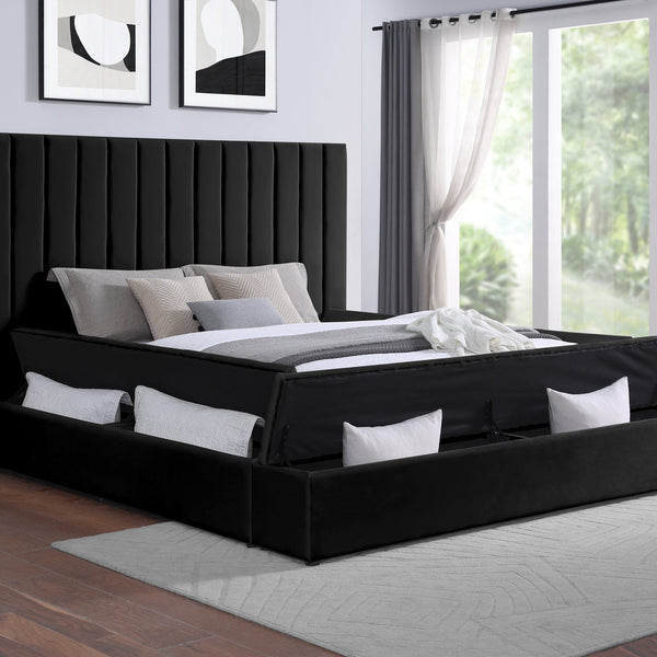 France Black Modern Velvet Upholstered Storage Platform Queen Bed
