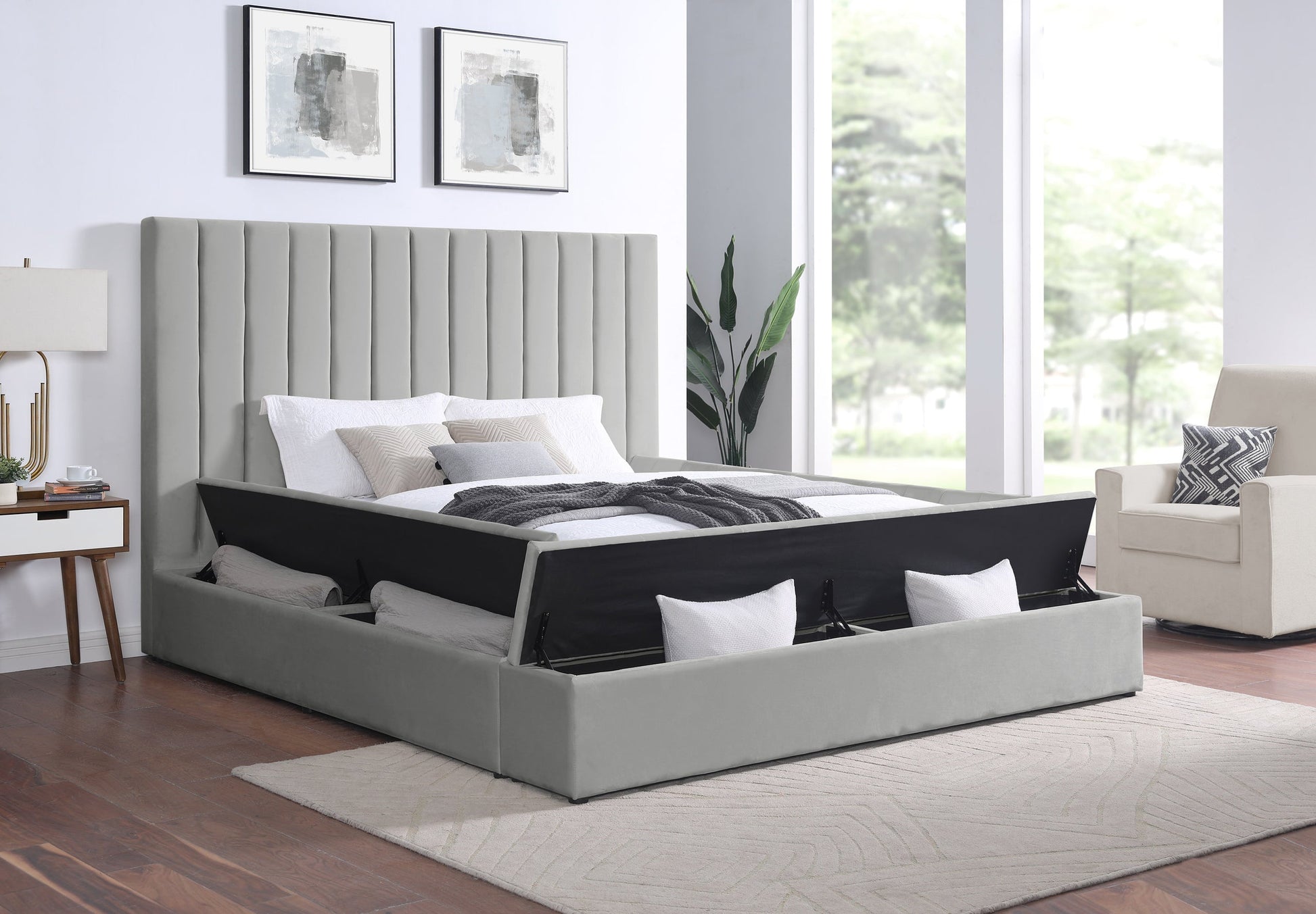 France Gray Modern Velvet Upholstered Storage Platform Queen Bed