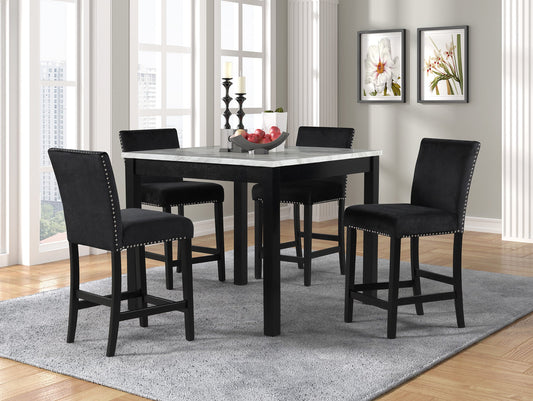 Dior Black PU Industrial Wood And Veneers Velvet Marble Top Pub Table + 4 Velvet Chair Dining Set