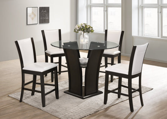 Orlando White Modern Solid Wood And Round Glass Pub Table + 4 Faux Leather Chair Dining Set