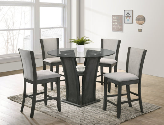 Orlando Grey Modern Solid Wood And Round Glass Pub Table + 4 Velvet Chair Dining Set