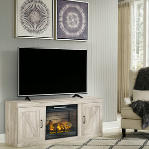 Brighten your space with the Bellaby White TV Stand from Moda Home Furniture. Solid wood design with cabinets and a cozy built-in fireplace.