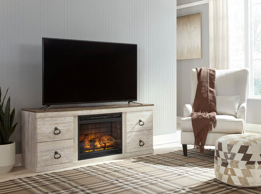 Willowton Whitewash Modern Transitional Contemporary Solid Wood TV Stand With Cabinet And Storage With Fireplace
