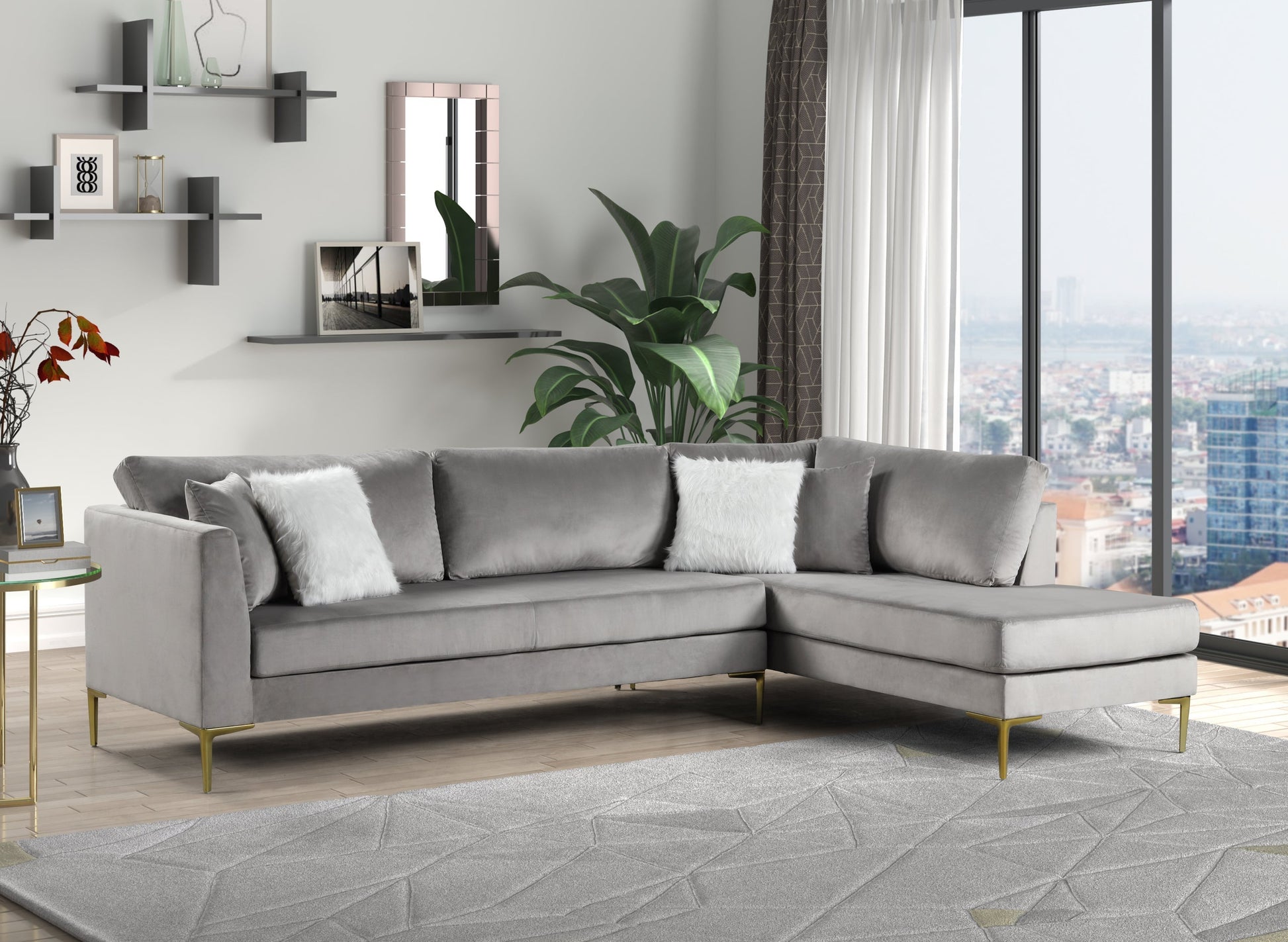 Catalina Silver Modern Contemporary Velvet Gold Metal Legs Sectional
