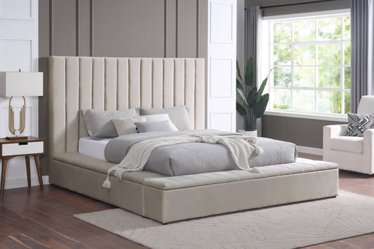France Beige Modern Velvet Upholstered Storage Platform Queen Bed