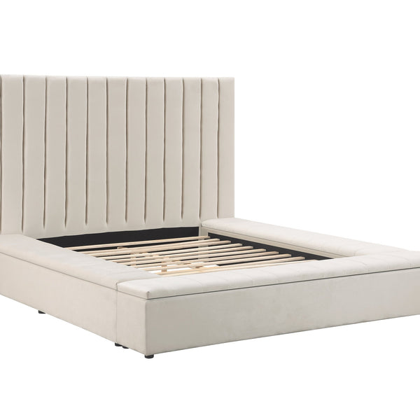 France Beige Modern Velvet Upholstered Storage Platform Queen Bed