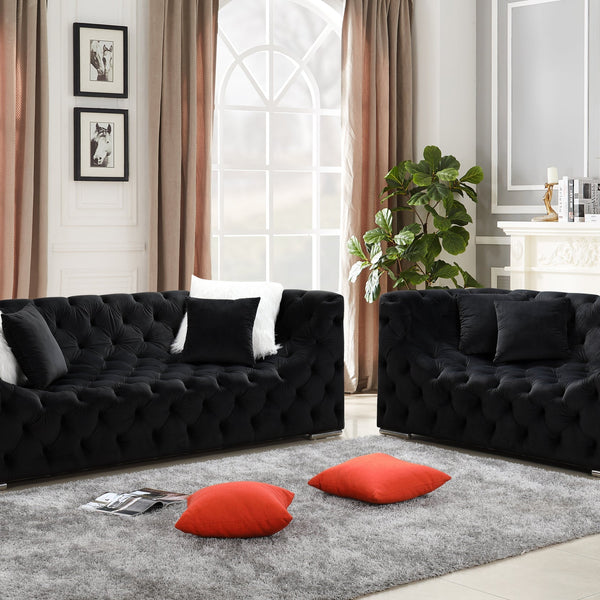 Kylie Black Modern Contemporary Velvet Upholstered Tufted Sofa & Loveseat Set