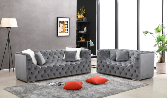 Kylie Grey Modern Contemporary Velvet Upholstered Tufted Sofa & Loveseat Set