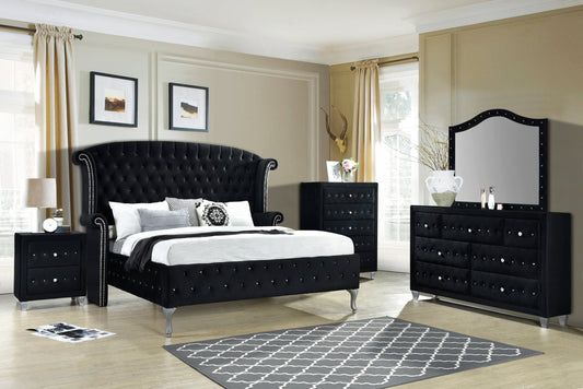Diamond Palace Black Modern Solid Wood Velvet Upholstered Tufted Diamond Palace King Bedroom Set
