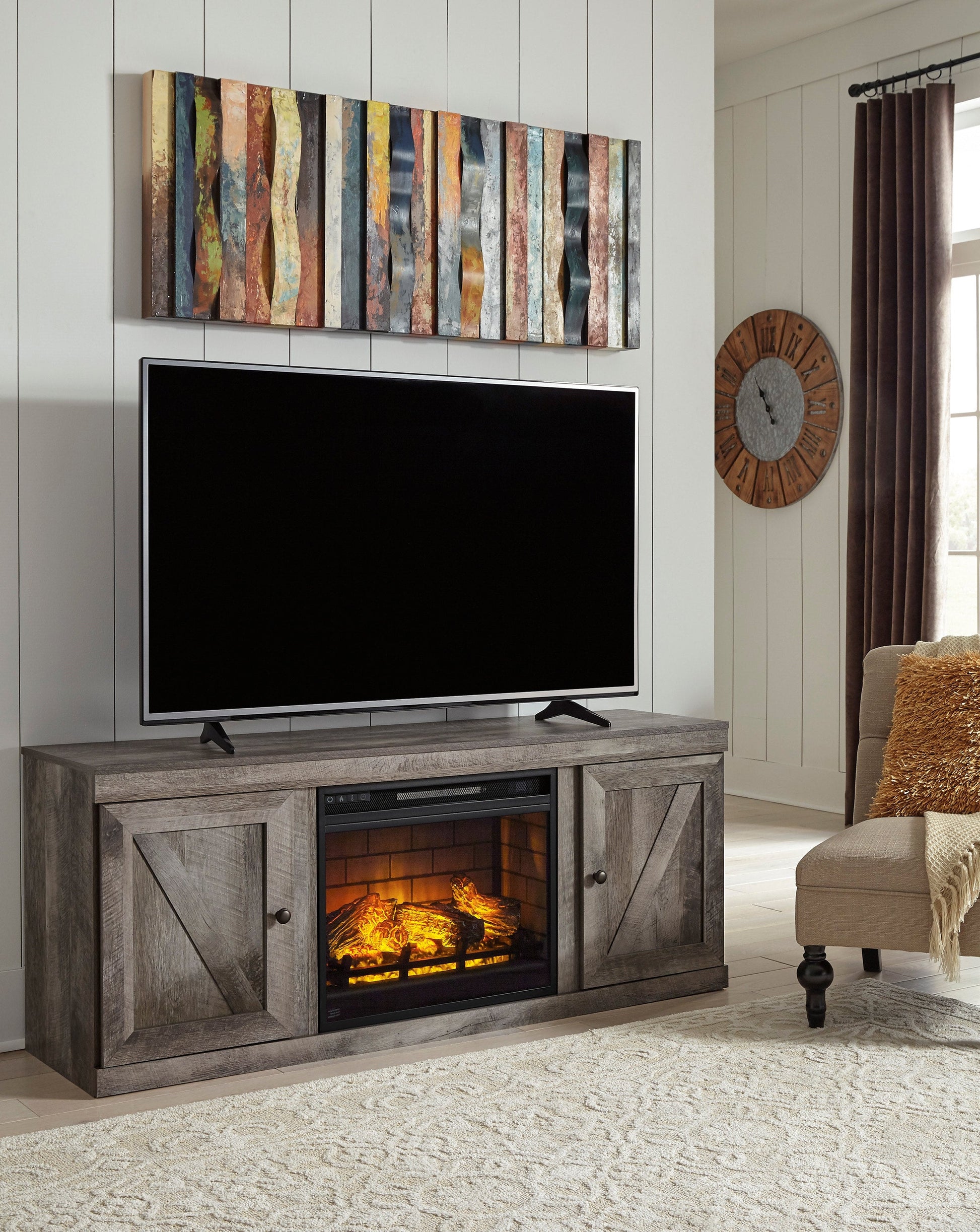 60" gray TV stand with electric fireplace, solid wood construction, ample storage, and rustic charm. Ideal for modern or transitional living spaces.