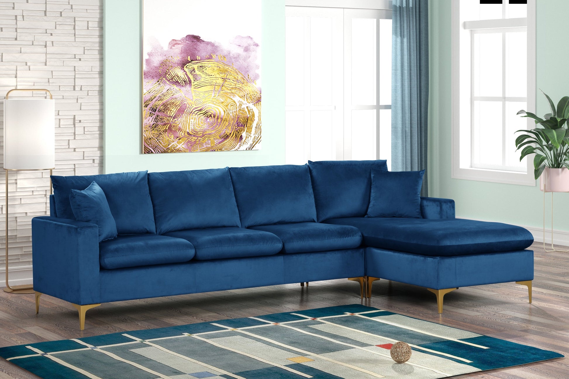 Amber Blue Modern Contemporary Solid Wood Velvet Upholstered Reversible Sectional