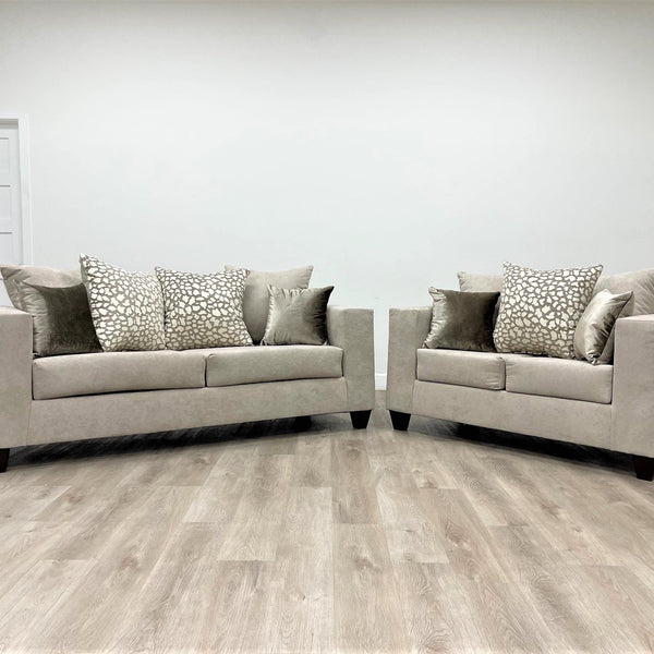 Hollywood Beige Modern Contemporary Solid Wood Velvet Fabric Upholstered Sofa & Loveseat
