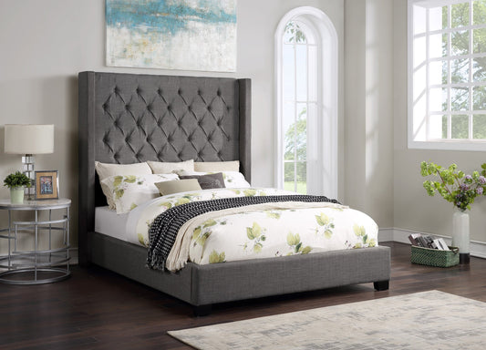 Gray Modern Traditional Solid Wood Fabric Upholstered Tufted King Bed