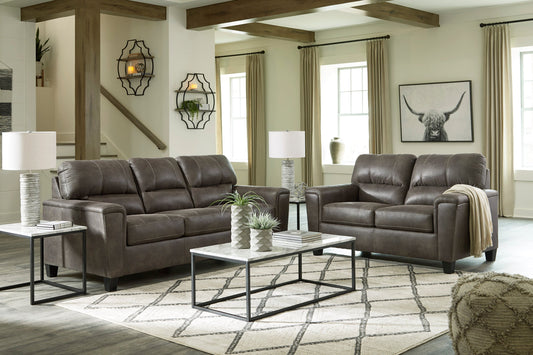 Ashley Smoke Modern Contemporary Solid Wood Faux Leather Upholstered Sofa & Loveseat Set