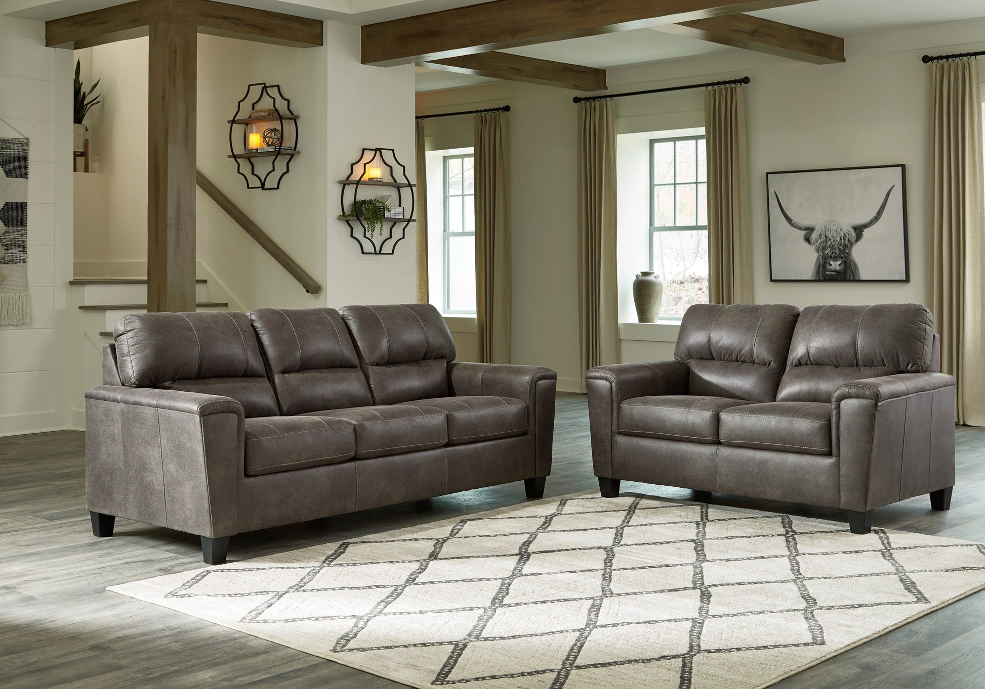 Ashley Smoke Modern Contemporary Solid Wood Faux Leather Upholstered Sofa & Loveseat Set