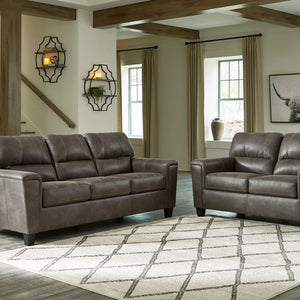 Ashley Smoke Modern Contemporary Solid Wood Faux Leather Upholstered Sofa & Loveseat Set
