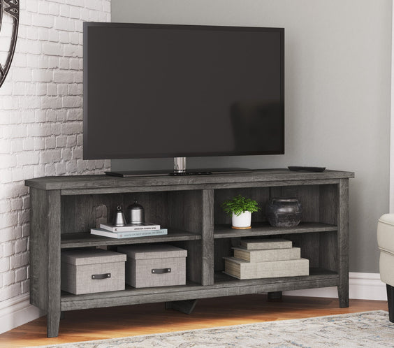 Save space in style with the Arlenbry Gray Corner TV Stand from Moda Home Furniture. A modern wood design with ample storage for a sleek look.