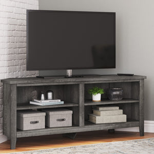 Save space in style with the Arlenbry Gray Corner TV Stand from Moda Home Furniture. A modern wood design with ample storage for a sleek look.