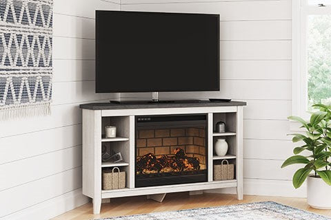 Dorrinson Antique White Modern Transitional Sleek Wood Two-toned Corner TV Stand With Cabinet With Fireplace