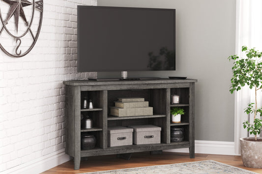 Arlenbry Large Gray Modern Transitional Solid Wood Corner TV Stand with Cabinet