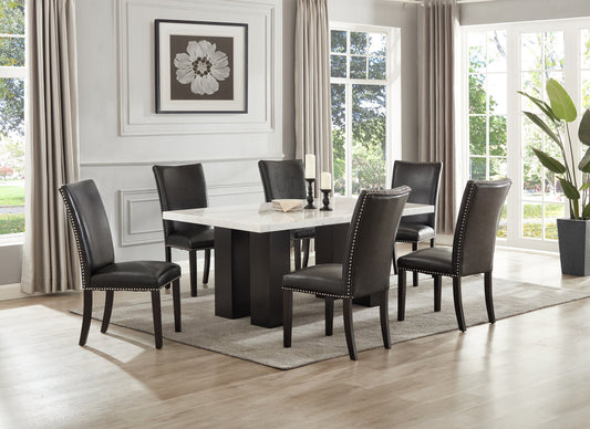 Finland Black Pu Parsons Faux Leather Solid Manufactured Wood Genuine Marble Dining Table & 6-Chairs