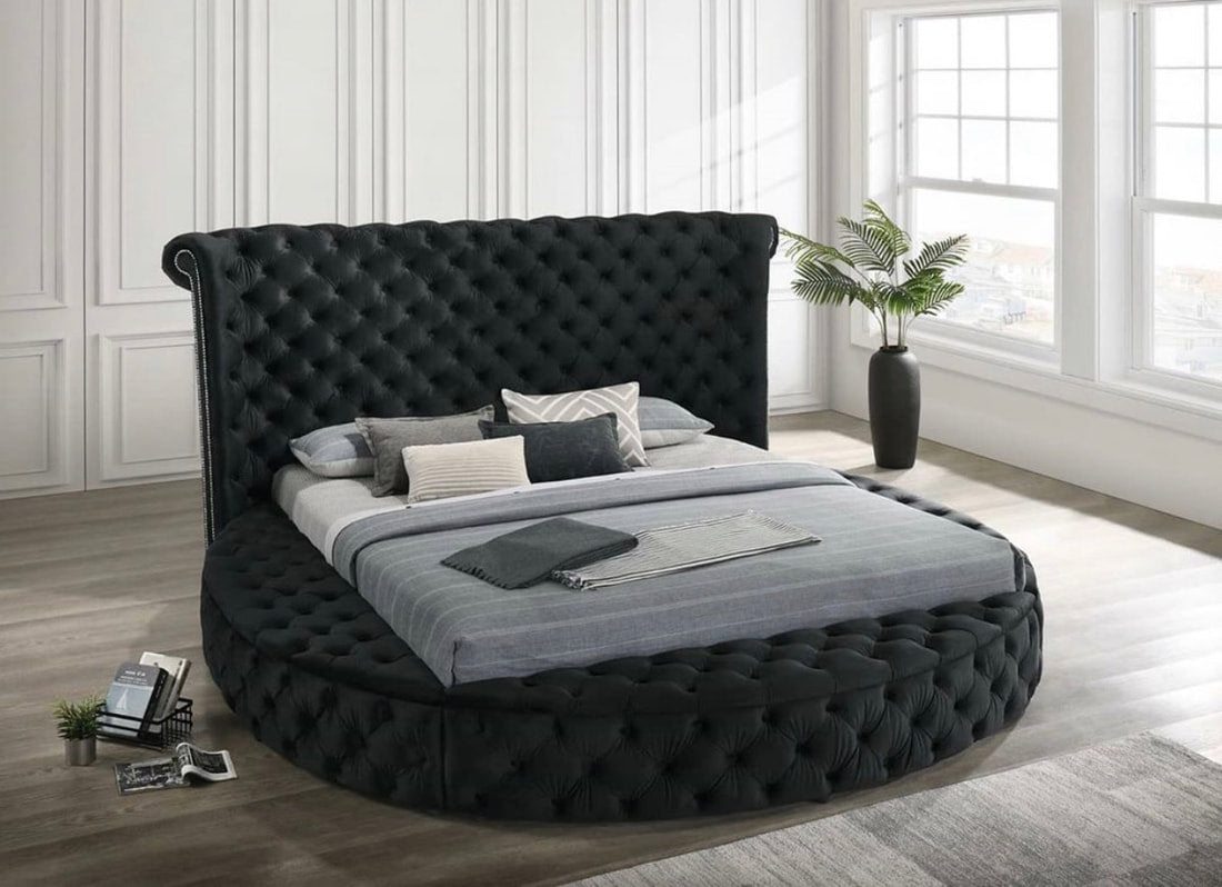 Penthouse Black Modern Contemporary Solid Wood Velvet Upholstered Tufted Storage King Bed