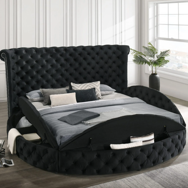 Penthouse Black Modern Contemporary Solid Wood Velvet Upholstered Tufted Storage King Bed