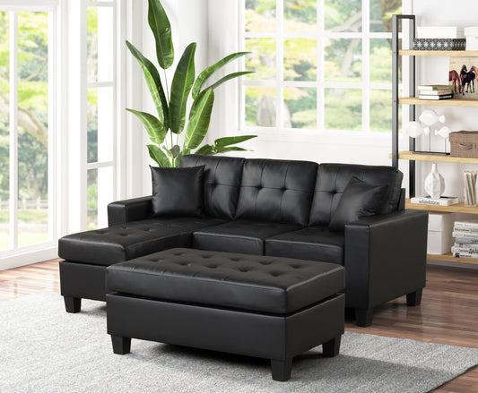 Naomi Black Pu Modern Sturdy Wood Faux Leather Tufted Reversible Sectional & Ottoman