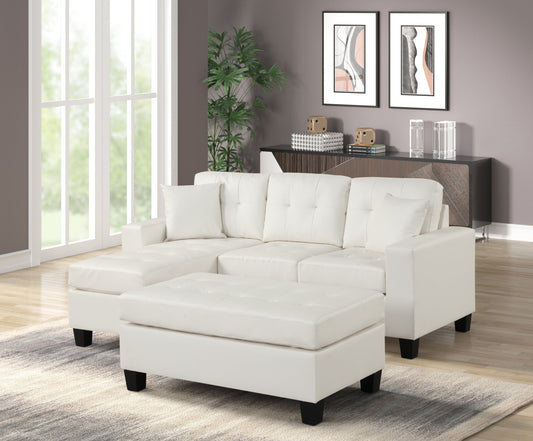 Naomi White Pu Modern Sturdy Wood Faux Leather Tufted Reversible Sectional & Ottoman