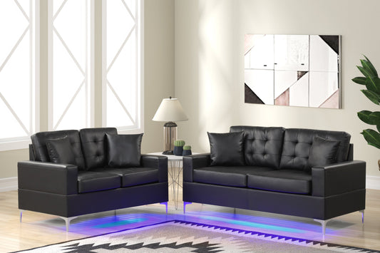 Miami Black Modern Contemporary Faux Leather PU Tufted 2Pc Sofa & Loveseat Set (Led Lights)