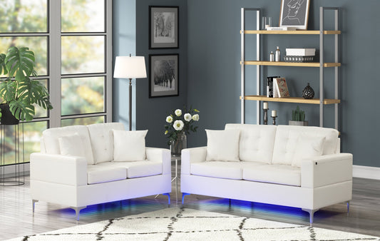 Miami White Modern Contemporary Faux Leather Tufted 2Pc Sofa & Loveseat Set (Led Lights)