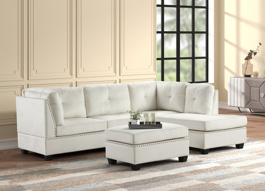 Sienna Beige Contemporary Solid Wood Velvet Upholstered Tufted Sectional + Ottoman Set