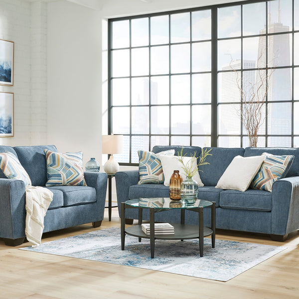 Ashley Blue Modern Contemporary Solid Wood Fabric Upholstered Sofa & Loveseat