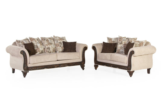 Cream Modern Contemporary Solid Wood Chenille Like Fabric Upholstered Sofa And Loveseat