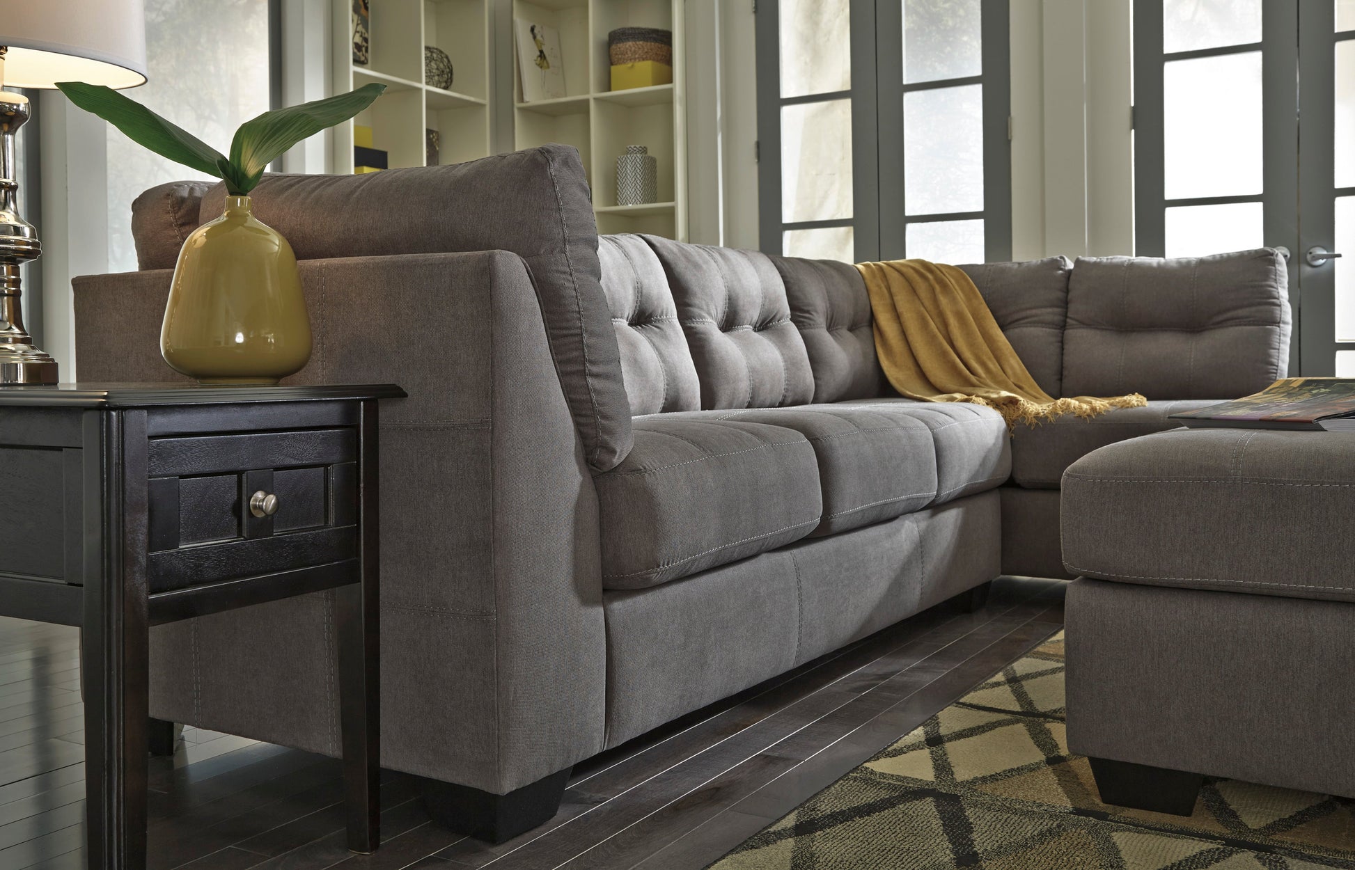 Ashley Raf Chaise Charcoal Modern Contemporary Metal Legs Fabric Tufted Sectional