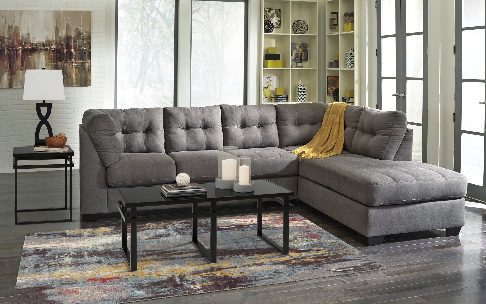 Ashley Raf Chaise Charcoal Modern Contemporary Metal Legs Fabric Tufted Sectional