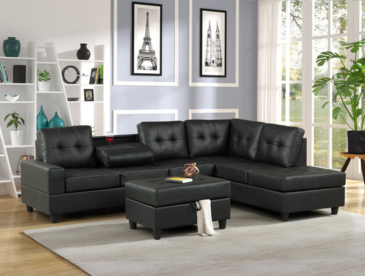 Heights Black Modern Contemporary Faux Leather Tufted Reversible Sectional + Ottoman Set