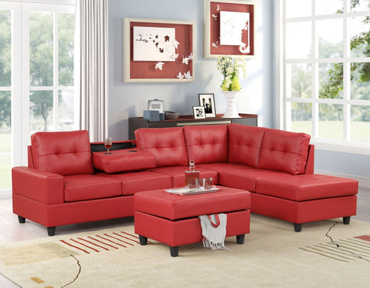 Heights Red Modern Contemporary Faux Leather Tufted Sectional + Storage Ottoman Set